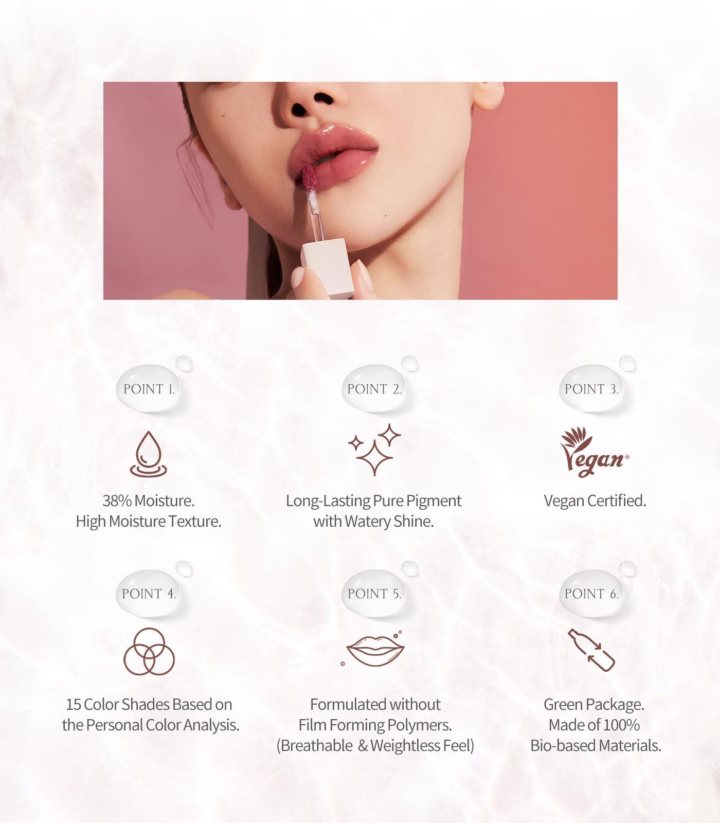 Heart Percent Heart Percent Dote On Mood Pure Glow Tint, Watery & Lightweight Moisturizing Lip Stain Long Lasting Liquid Lipstick 6.8g, 07. Fig Rose