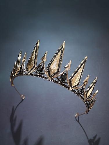 SWEETV SWEETV Gothic Crowns for Women Black Tiara Queen Crown Witch Hair Accessories for Costume Halloween Prom Party Gold
