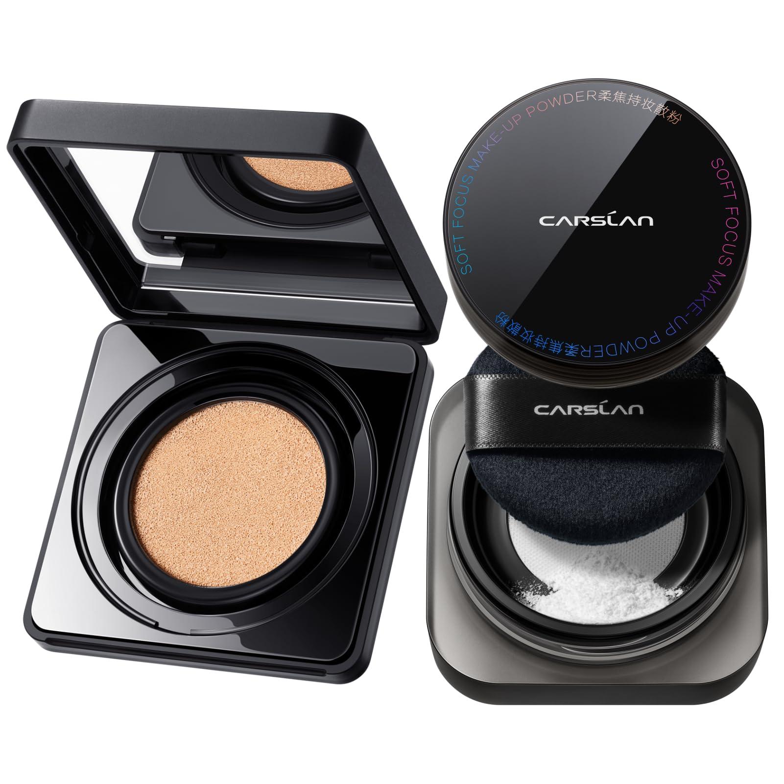 CARSLAN CARSLAN Soft Focus Makeup Powder Waterproof Oil Control Setting Powder, Black Magnet Cushion Foundation, Refill Included, Face Cosmetics Kit, 3Pcs