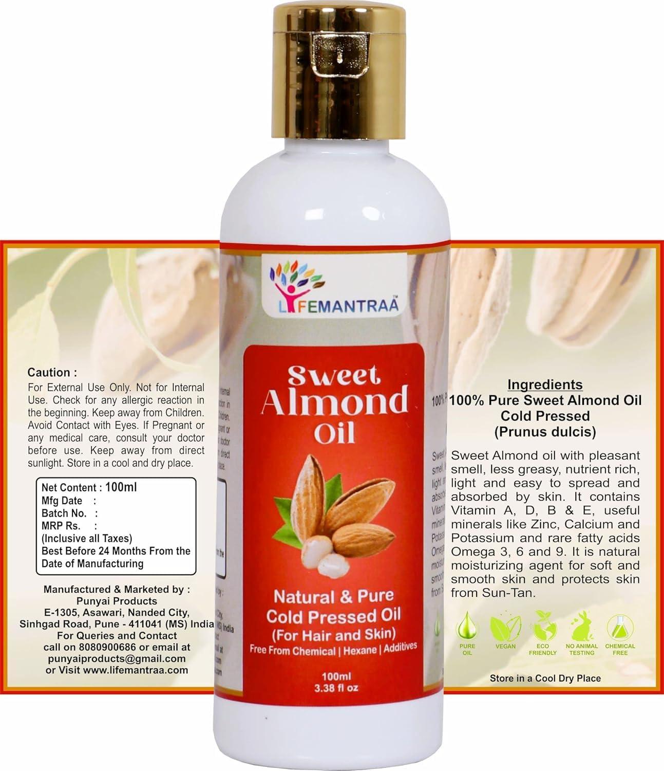 India Natural Sweet Almond Oil - Pure Cold Pressed Badam Tel for Skin, Hair, Face and Body - 100ml