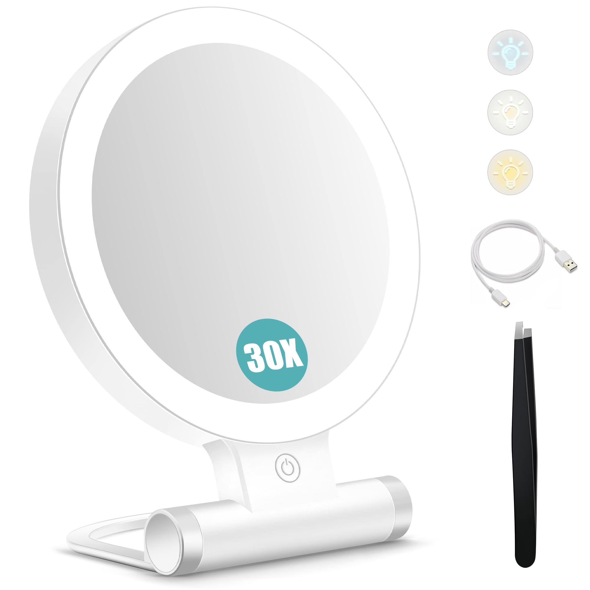 B Beauty Planet B Beauty Planet Magnifying Mirror with Light 30X, Double-Sided 1X/ 30X Magnifying Makeup Mirror with Tweezer, 2000mAh 3 Colour Modes with Adjustable Brightness,Foldable Compact Travel Mirror