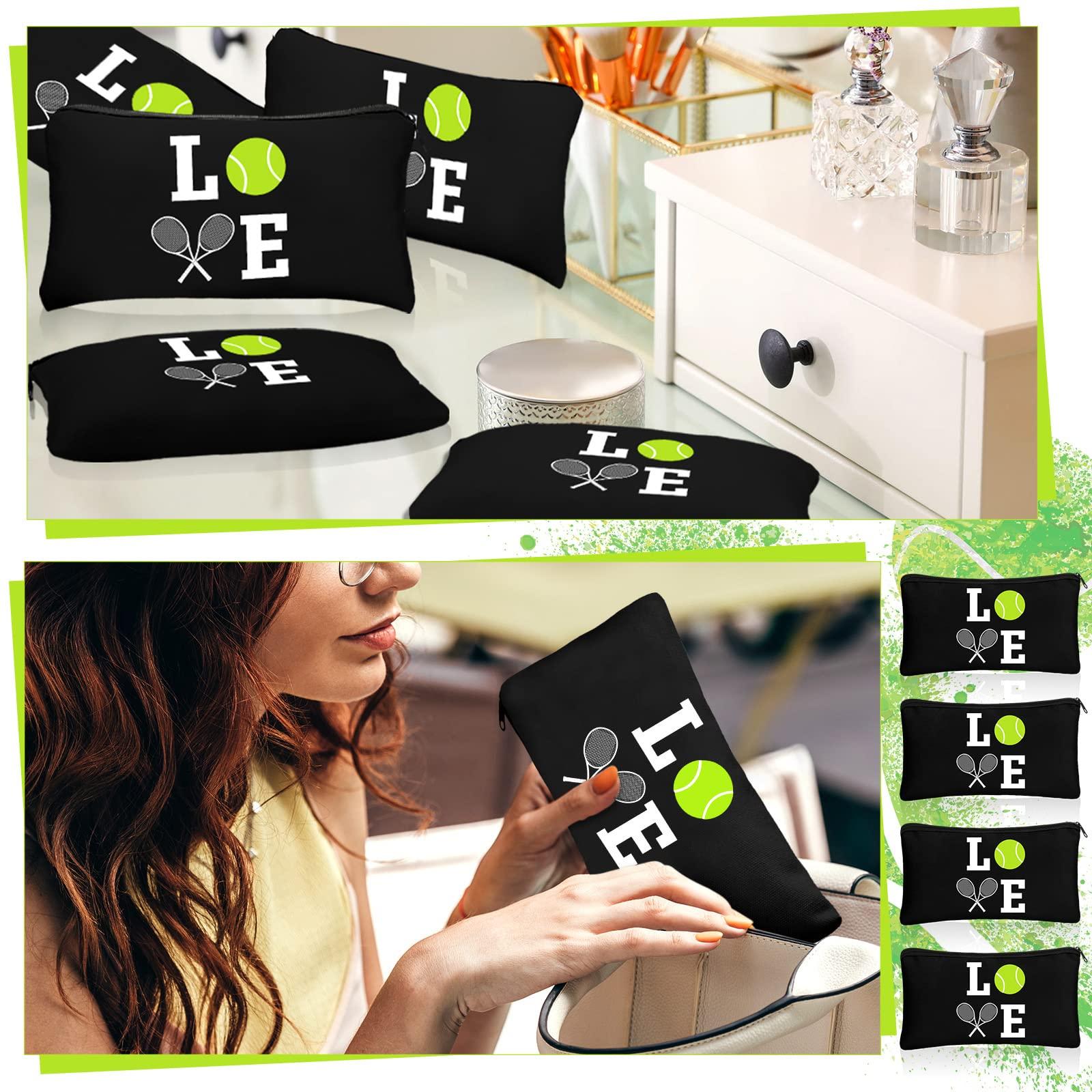 Moukeren 12 Pieces Tennis Makeup Bag Cosmetic Bag with Words Tennis Travel Storage Bags Portable Storage Case Toiletry Bag Accessories with Zippers for Tennis Players Teams Women Girls (Black)