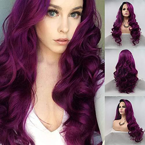Karissa Hair Purple Lace Front Wigs for Women Body Wave Long Synthetic Realistic Hair Wig with Black Roots Glueless Hair Replacement Wigs 24 Inch