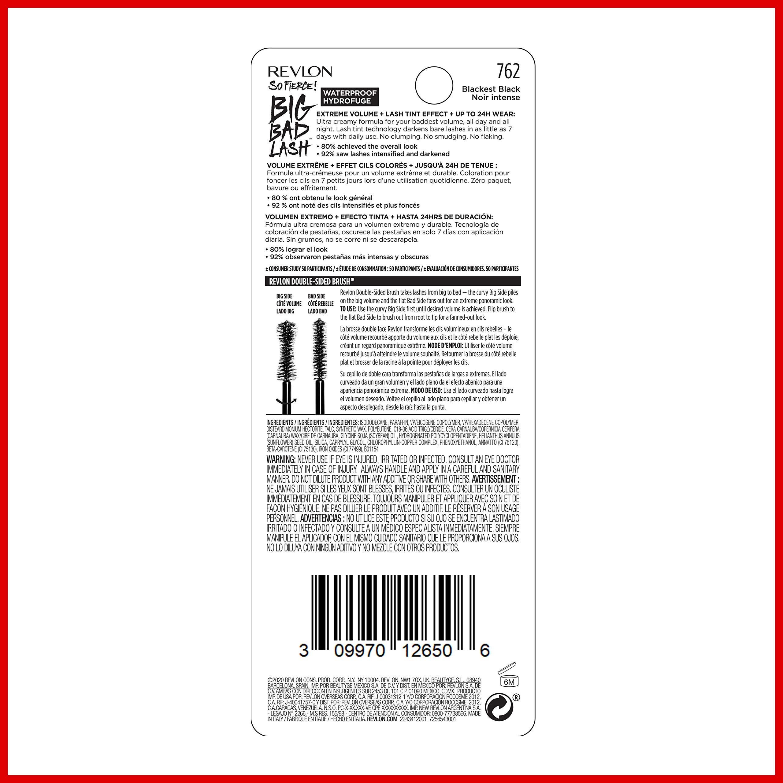REVLON Revlon Mascara, So Fierce Big Bad Lash Eye Makeup, Volumizing, Lasts up to 24 Hours, No Clump, Smudge-Proof, Flake-Free, 762 Waterproof Blackest Black, 0.34 fl oz