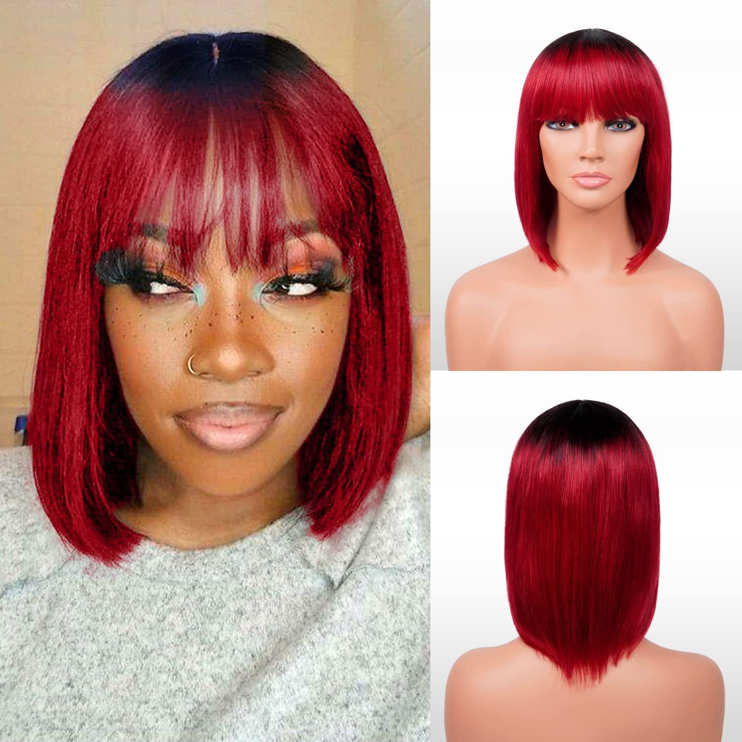INSTANT FAB INSTANT FAB Medium Bob Wigs Human Hair with China Bangs for Black Women Straight Bob with Bangs Human Hair Non Lace Front Wigs  Spinel (12 inch (1Pack), OT1B/BURG (Ombre tipped offblack burgundy))