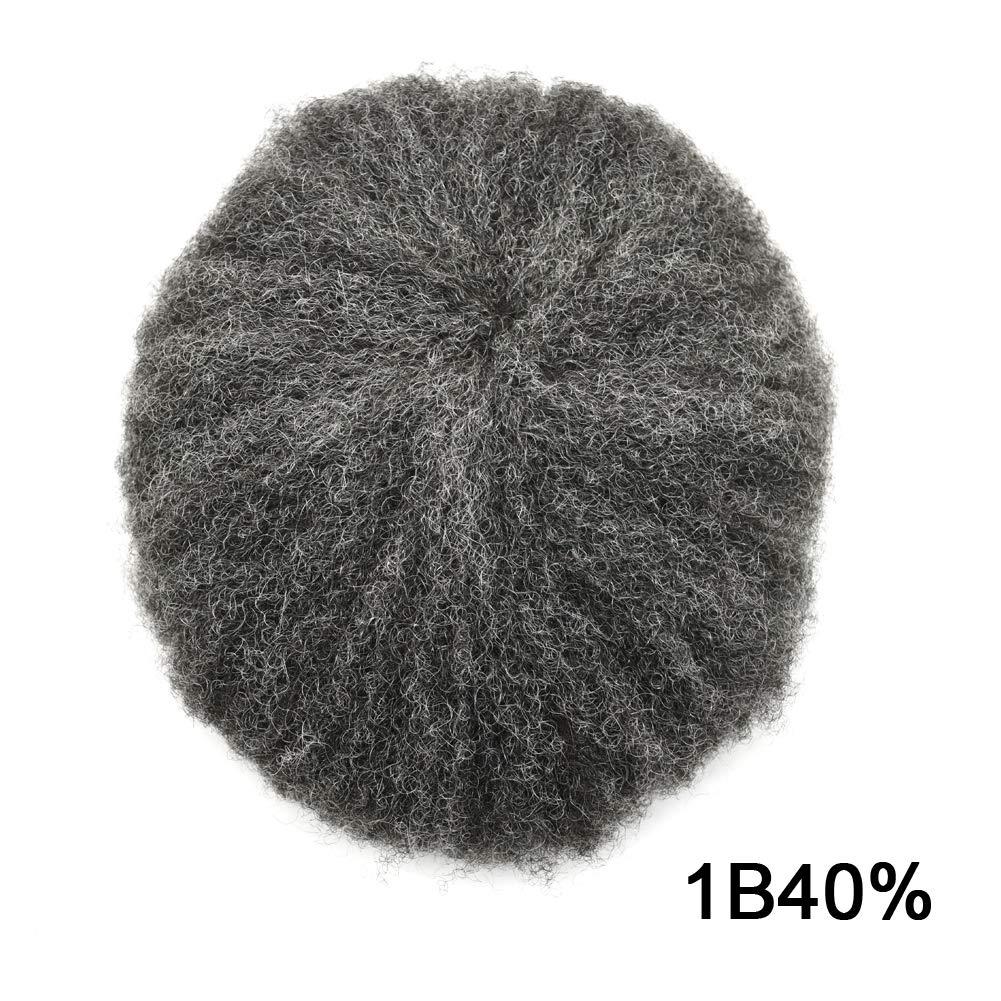 Generic Afro Toupee for Black Men Weave Units Full Poly PU African Americna Men Wigs Hand Tied Human Hair Replacement System Afro Kinky Curls Mens Toupee (6MM Wavy, 140# Jet Black With 40% Synthetic Gray)