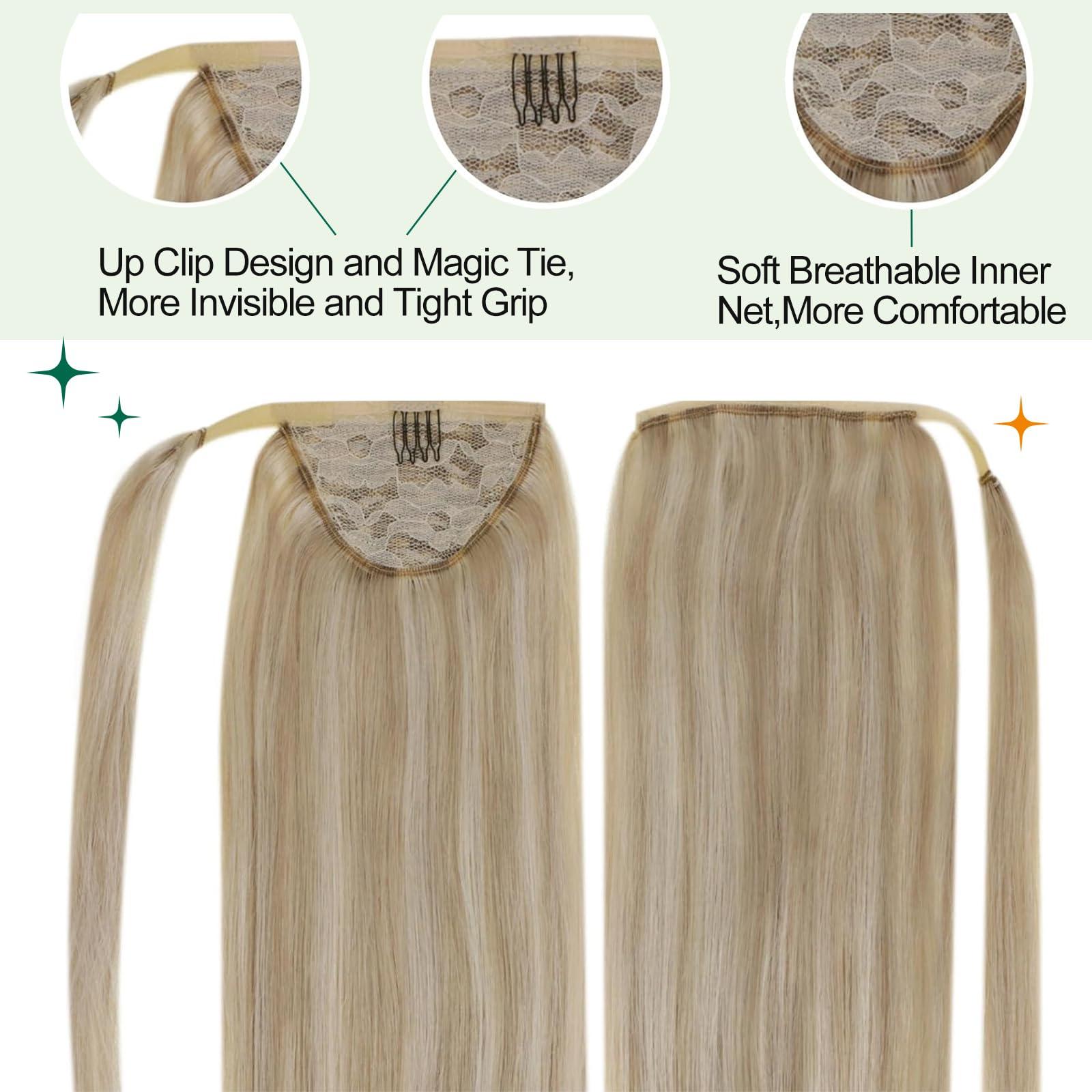 Easyouth Easyouth Blonde Ponytail Extension Human Hair Natural Pony Tails Hair Extensions Golden Blonde with Bleach Blonde Highlighted Human Hair Ponytail Extensions for Women 18Inch 80g