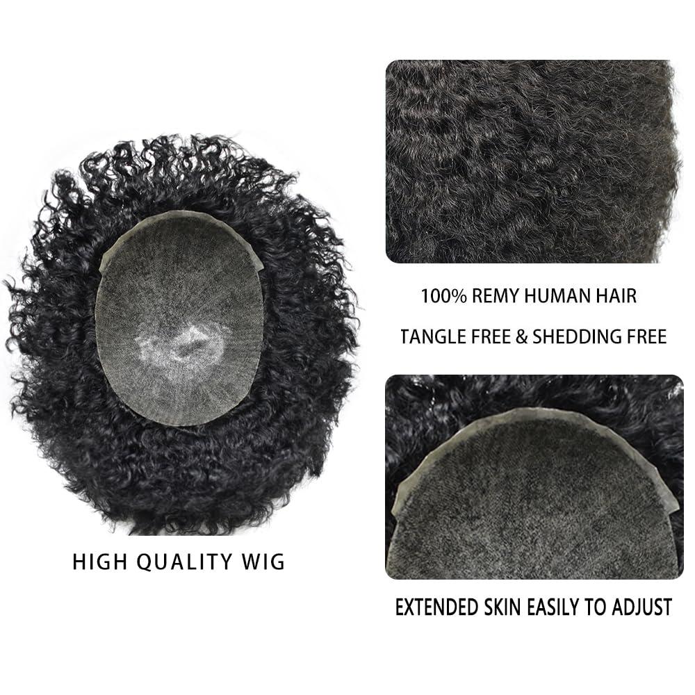 Brave Hair Afro Curly Toupee for Black Men Full Poly PU Injected African American Hairpiece Replacement Systems Hair Units for Black Man8\"x10\"1B#Off Black-6mm