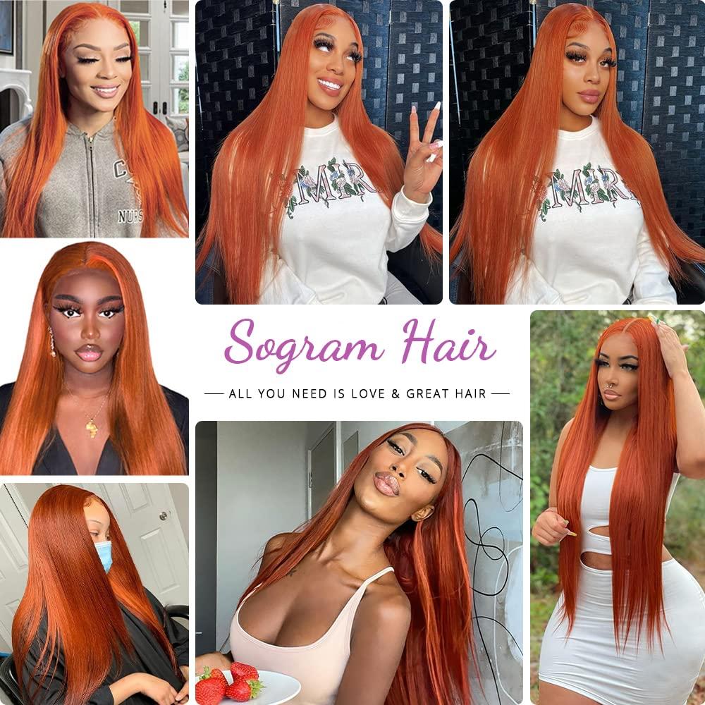 Sogram Orange Ginger Color 13x4 Invisible Lace Front Wigs Human Hair (16 Inch) Straight Brazilian Virgin Lace Front Human Hair Wigs 150% Density Pre Plucked with Natural Hairline (16 Inch, 13x4 Straight