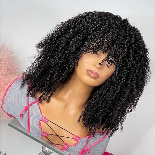 mszyhuwan Afro Mongolian Hair Kinky Curly Human Hair Wigs For Black Women Curly Bob Wigs With Bangs Glueless No Lace Wig Natural Color Remy Hair Brazilian 200 Density Full Machine Made Scalp Top Wig 16 Inch