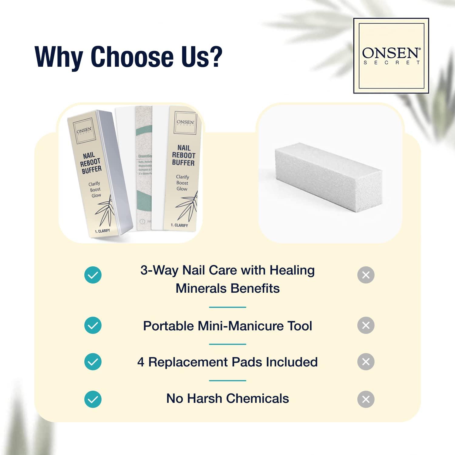 Onsen Secret Professional Nail Buffer Block | Ultimate Shine Nail Buffing Block w/ 3 Way Buffing Methods & Replacement Buffer Pads | Japanese Buffer Block + 6 Replacement Buffer Pads Bundle by Onsen