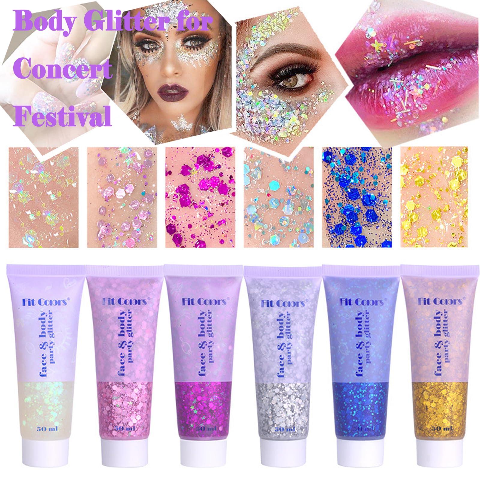 Angels Beauty Body Glitter Face Glitter Gel: Singer Concerts Disco Festival Rave Accessories Face Glitter Makeup 250ml Chunky Sequins Mermaid Face Body Hair Glitter Gel (White&Pink&Rose&Lake Blue&Orange)