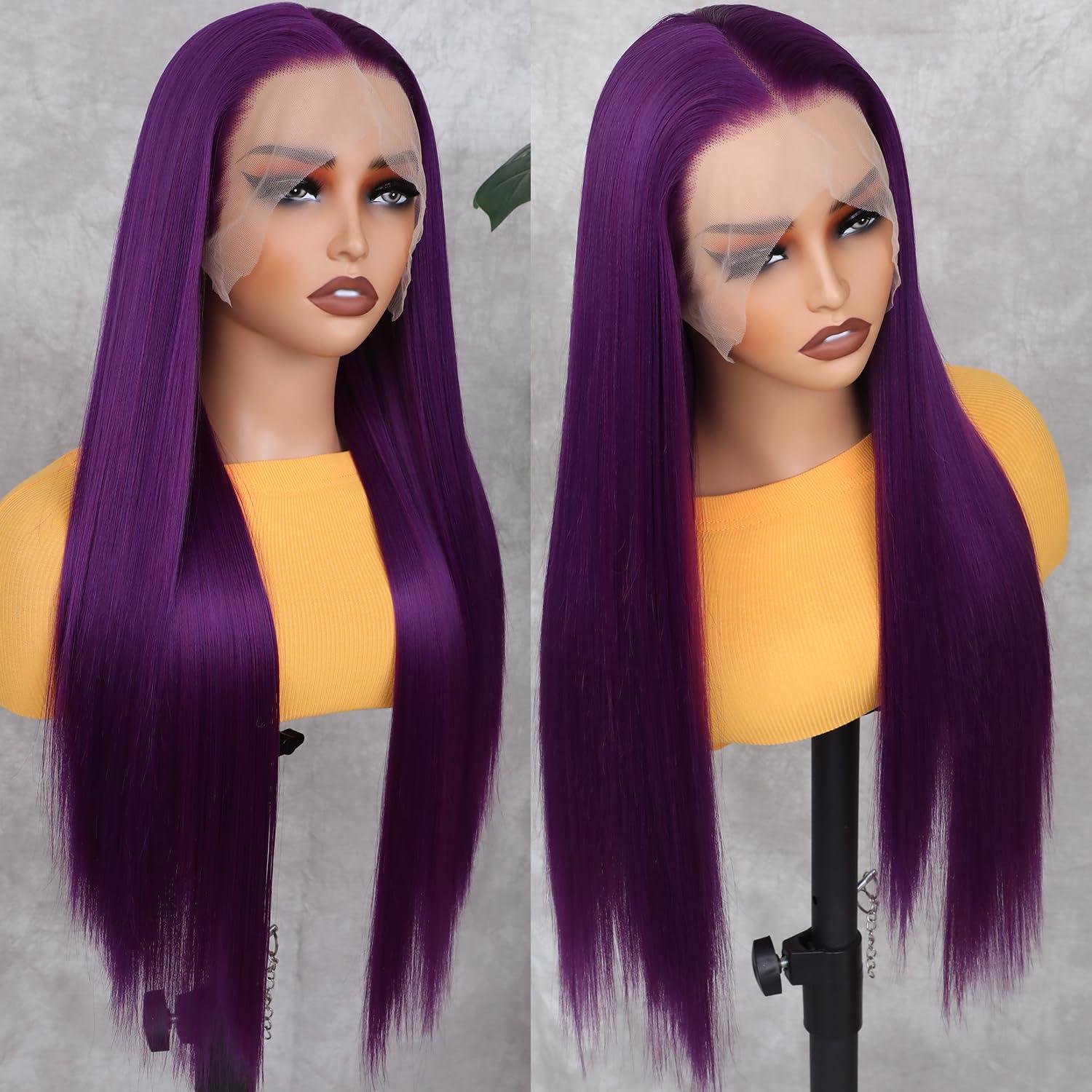 Lezaxiu Lezaxiu Purple Lace Front Wigs Long Straight Glueless Dark Purple Wigs Pre Plucked Ready to Wear Wigs Heat Resistant Synthetic Lace Front Wig for Black Women Natural Hairline