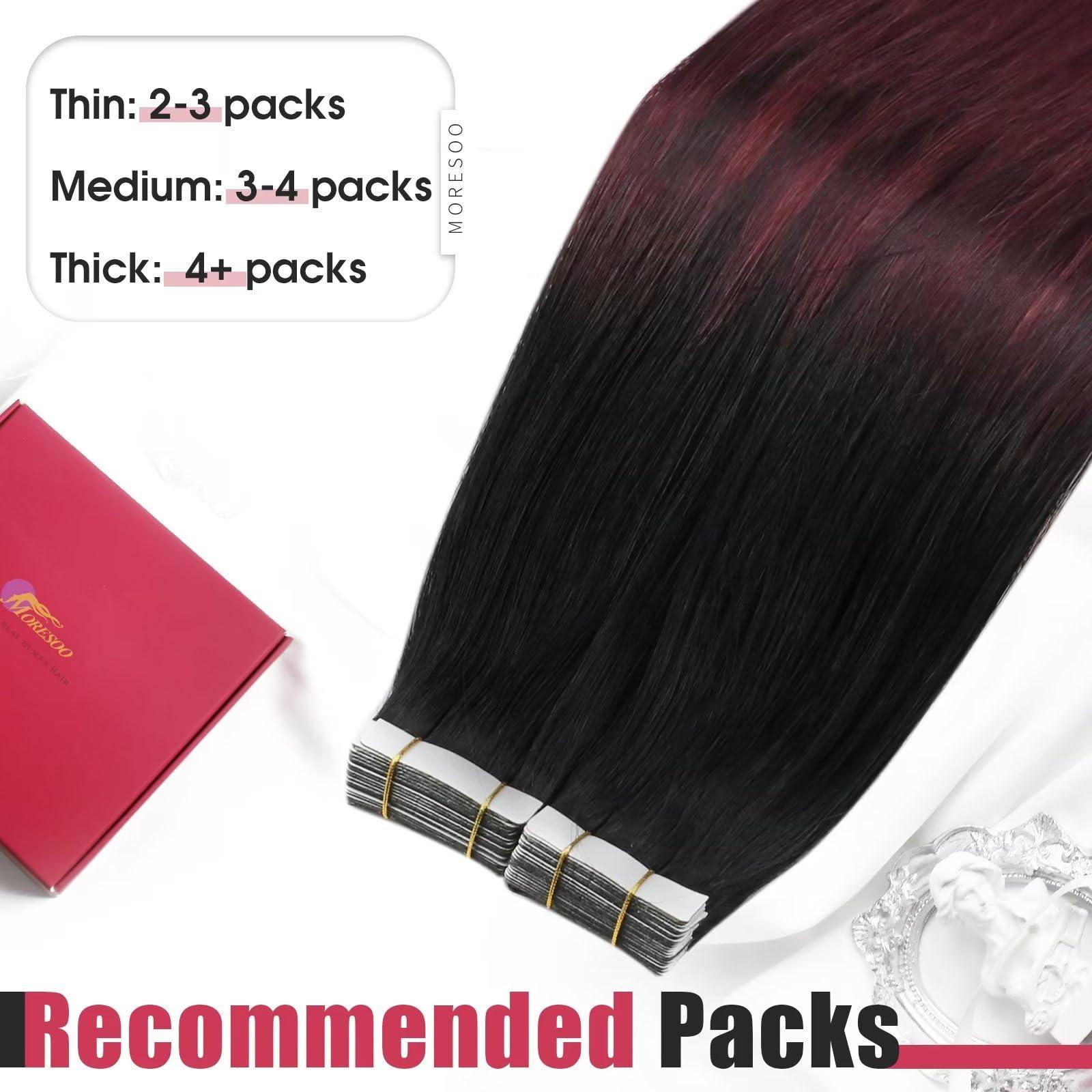 Moresoo Moresoo Tape in Burgundy Hair Extensions Ombre Human Hair Extensions Balayage Off Black to Black with Wine Red Hair Extensions Human Hair Tape in Skin Weft Hair Extensions 14 Inch #1B/99J 20pcs 50g