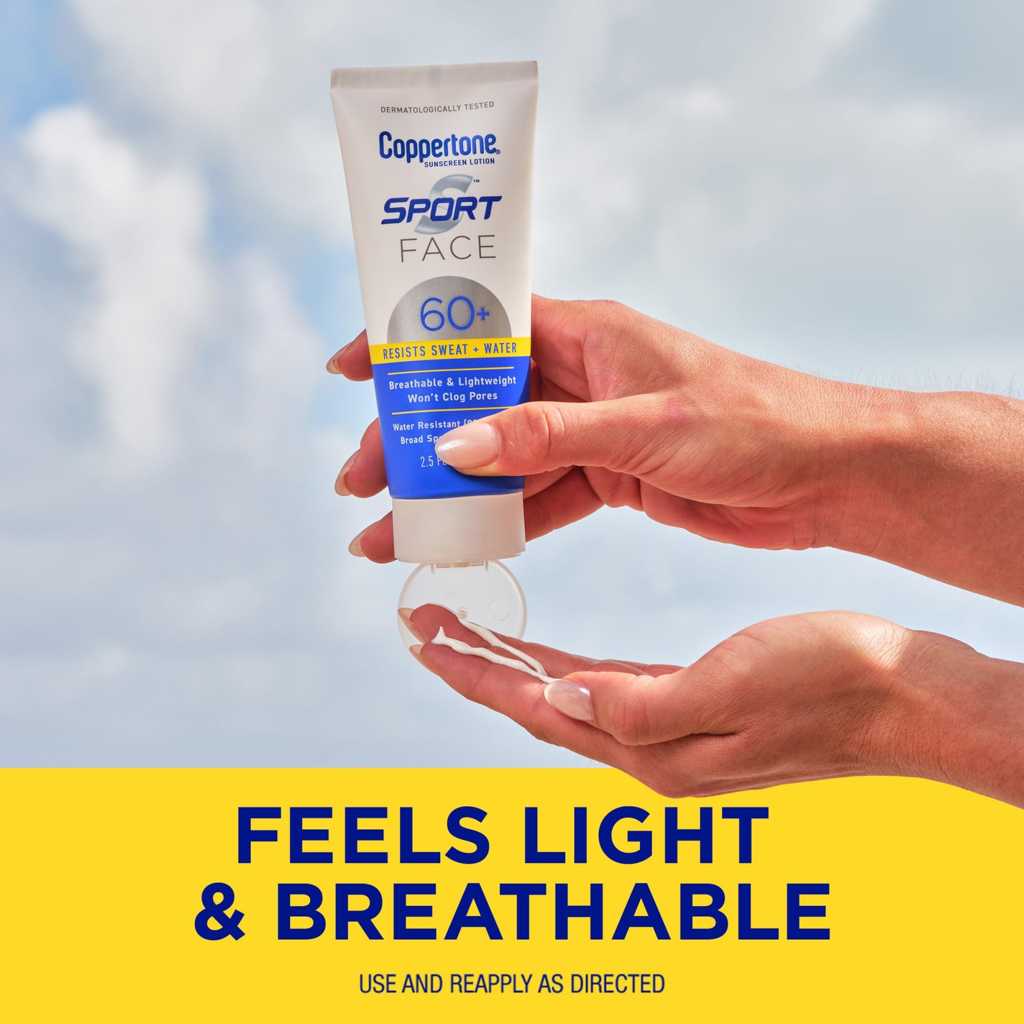 Coppertone Coppertone Sport Face Sunscreen Lotion SPF 60+, Water Resistant Sunscreen with Broad Spectrum SPF 60+, Lightweight and Breathable, 2.5 Fl Oz Tube