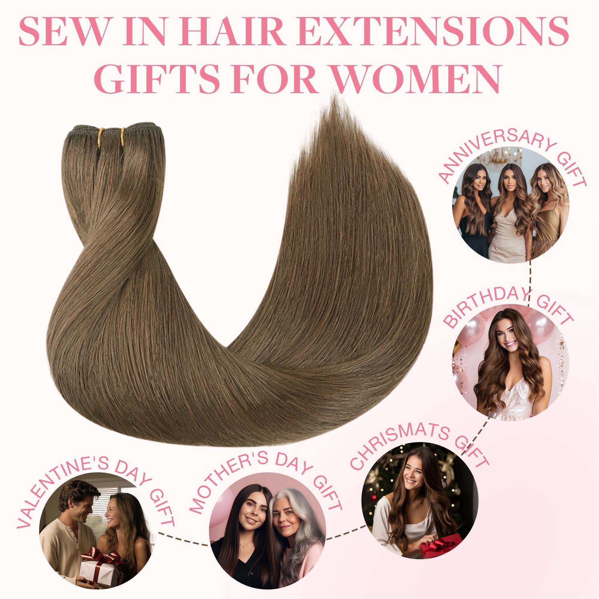 GOO GOO GOO GOO Sew in Hair Extensions Real Human Hair, Weft Hair Extensions Human Hair, 5 Light Ash Brown 22 Inch-110g, Weft Bundles Straight Silky Remy Hair