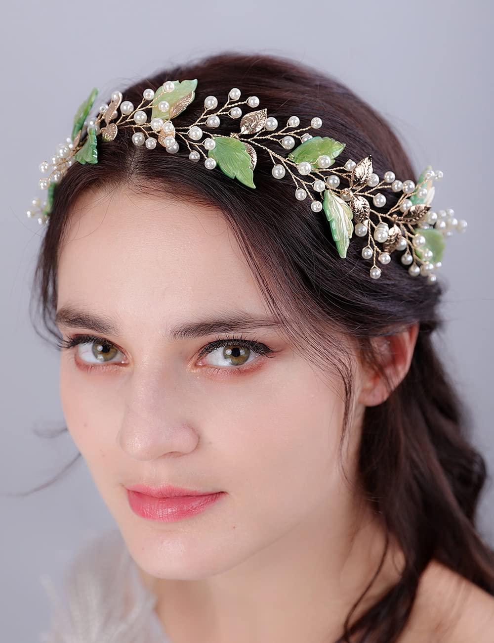 Teyglen Teyglen Bridal Wedding Green Leaf Headband Hair Vine Handmade Gold Pearl Headpieces Hair Pieces for Bride Wedding Hair Accessories for Women Girl