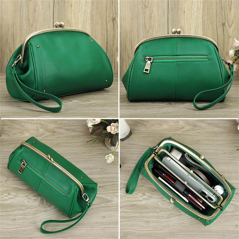 ZBOLI Cosmetic Bag for Woman,Kiss Lock Clutch Bag Genuine Leather Evening Bag Kiss Clasp Wrist Wallet Vitange Handbag (RED)