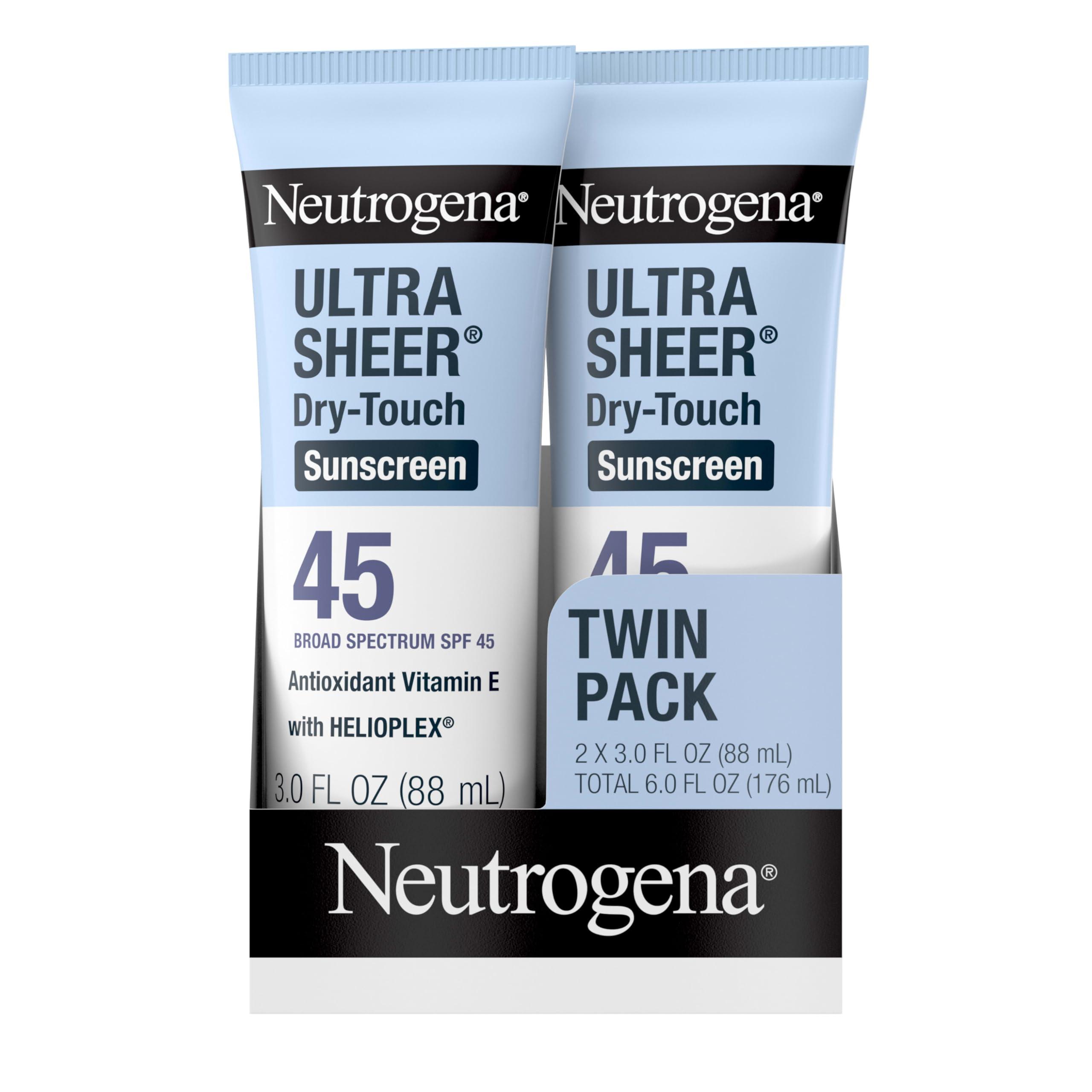 Neutrogena Neutrogena Ultra Sheer Dry-Touch Water Resistant and Non-Greasy Sunscreen Lotion with Broad Spectrum SPF 45, TSA-Compliant travel Size, 3 Fl Oz, Pack of 2, 6 Fl Oz