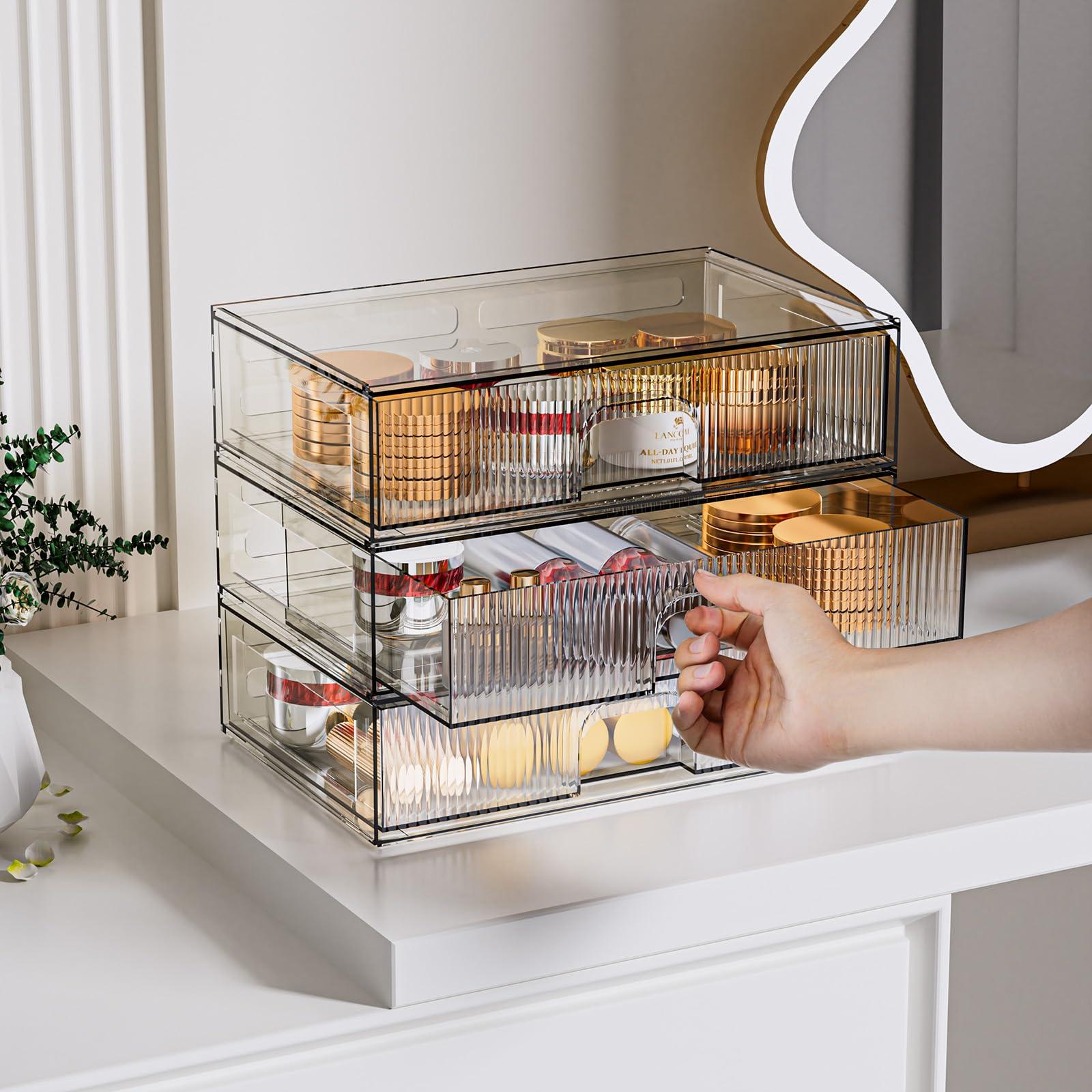 FBOTML FBOTML Clear Stackable Storage Drawers, Acrylic Drawers Makeup Organizer For Vanity, Cosmetics, Bathroom, Desk Organization Storage Drawers3 Pack