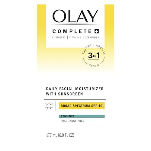 Olay Olay Complete+ Face Moisturizer with Sunscreen SPF 40, For Sensitive Skin, Broad Spectrum Sun Protection, Fragrence-Free - No White Cast on All Tones, Nourishes Moisture Barrier - Ceramides, 6 Oz