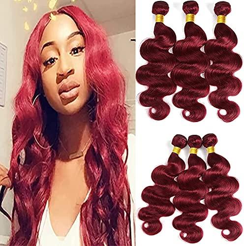 Body Wave Human Hair Bundles for Women Unprocessed Brazilian Hair Wave Bundles with Lace Closure 6 Bundles Natural Wavy Hair Extensions 24 in Red