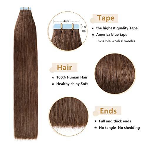 YILITE YILITE Tape in Human Hair Extensions 24 inches 20pcs 50g Straight Tape in Hair Extensions Human Hair Seamless Skin Weft #4 Medium Brown Tape in Human Hair Extensions24inches #4 Medium Brown
