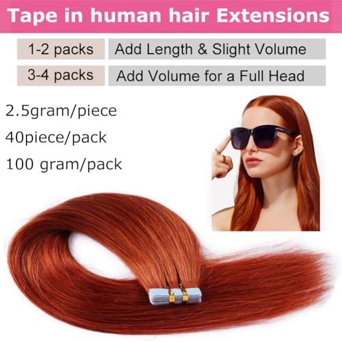 Kiss darling LASHES Orange Hair Extensions Real Human Hair Tape in 22 Inch #350 Ginger Tape in Hair Extensions Human Hair for Women Long Tape in Hair Extensions Human Hair Straight 100g