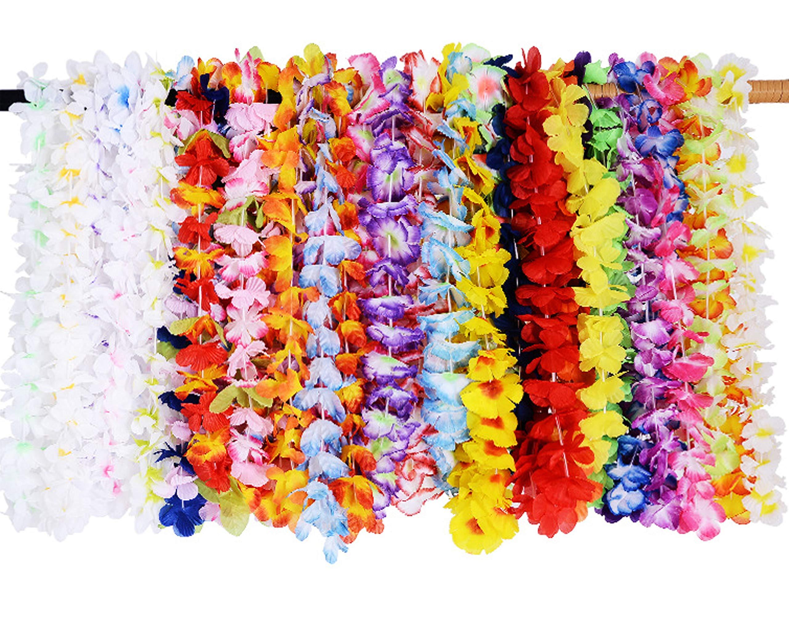 Geek-M Hawaiian Leis Bulk 36Ct Hawaiian Flower Lei with 24Ct Hawaiian Plumeria Flower Clips set Tropical Luau Party Supplies Beach Party Decoration for Adult Kids