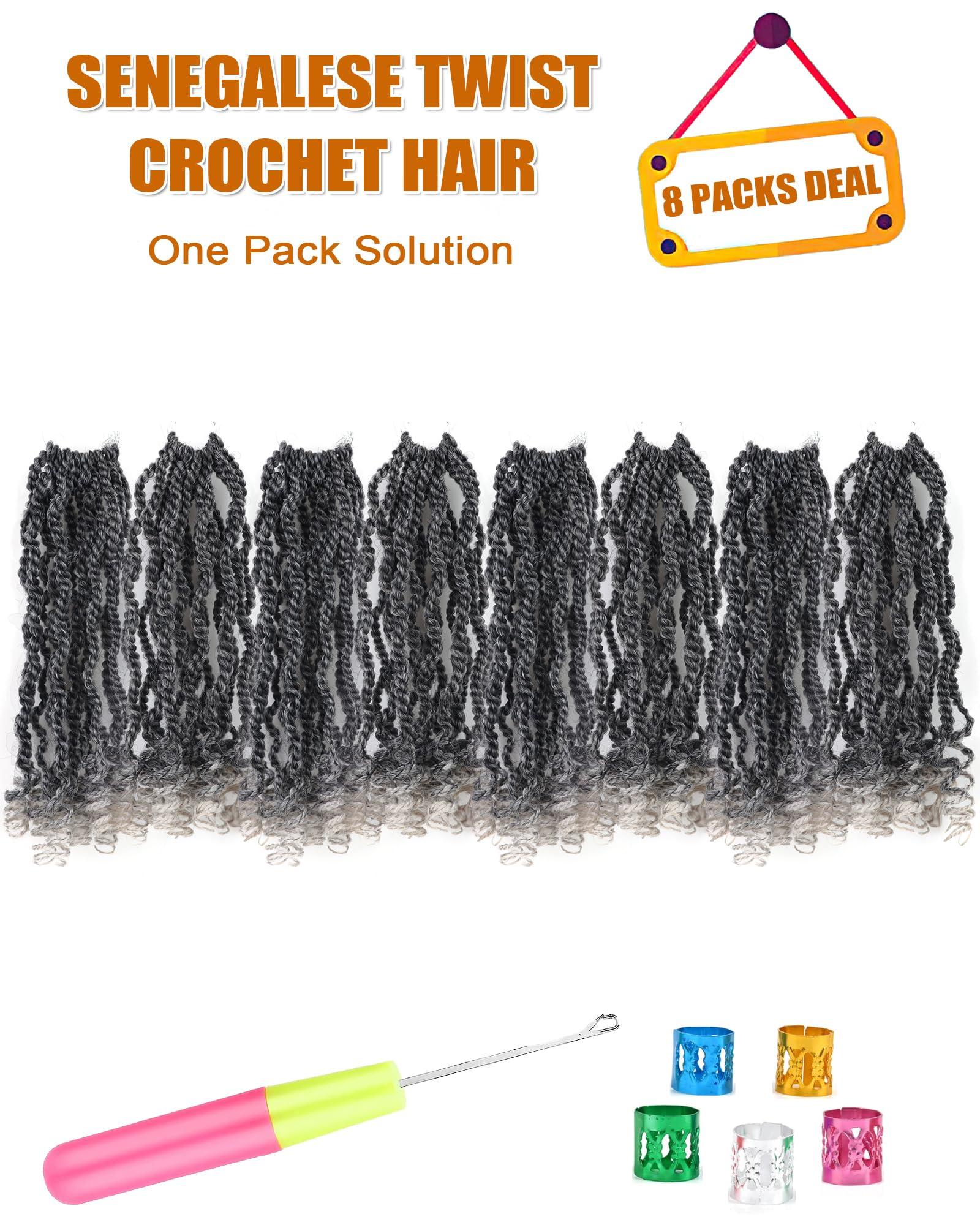 Aeagoo Wavy Senegalese Twist Crochet Hair Pre Looped Curly Ends 8 Inch 8 Packs Crochet Twist Hair for Black Women Long 2 Strand Twist Crochet Hair (8 Inch,Tgrey)