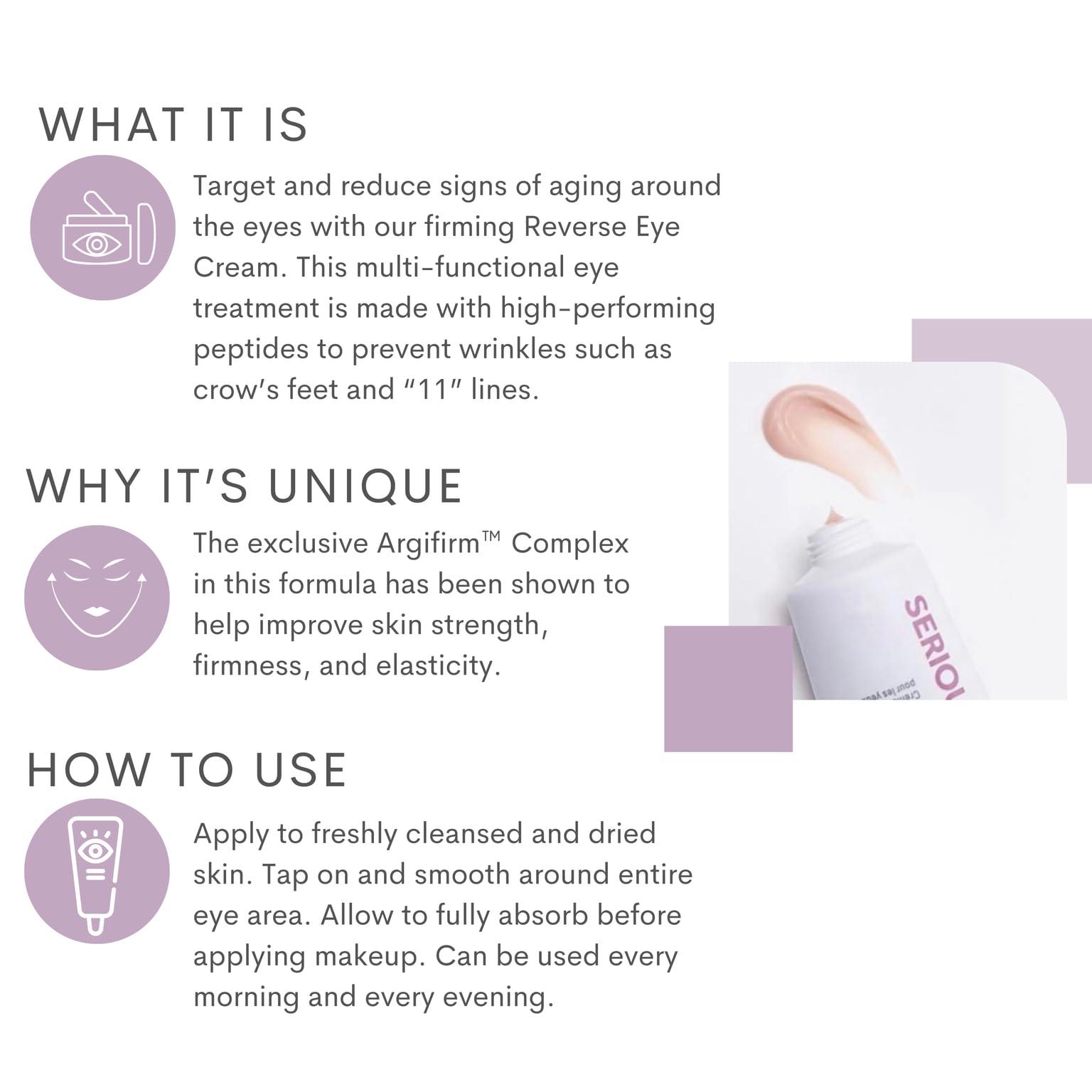 Serious Skincare Serious Skincare - Reverse Lift Eye Cream Moisturizer with Peptides - Skin Firming Wrinkle Formula - Temporarily Lift & Firm Eye Lids and Eye Area Women, Men - 1 Fl. Oz.