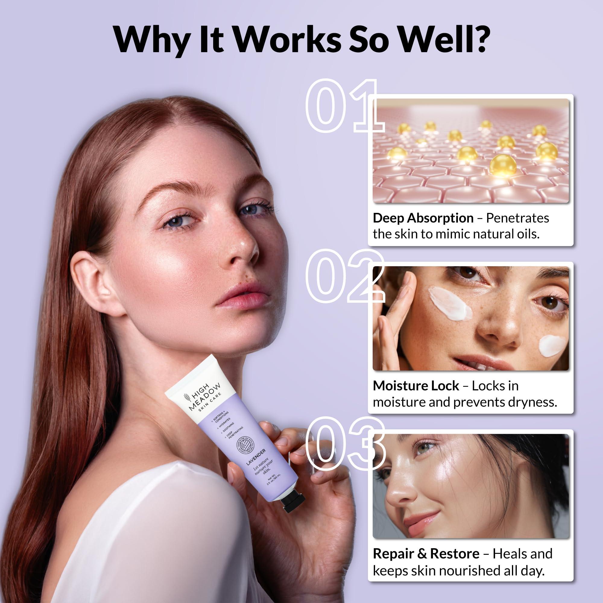 High Meadow High Meadow Lanolin Skin Cream - Deep Hydration Formula for Soft, Radiant Skin Care - Repairs Dry and Cracked Skin on Hands, Feet & Elbows - Multi-Purpose Soothing Lotion - 3.0 Oz Lavender Moisturizer