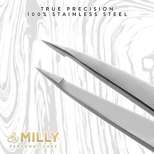 By MILLY By MILLY Pointed Tweezers | High Carbon Stainless Steel Needle Nose Tweezers | Fine Point Tweezers Precision Hair Removal | Perfectly Aligned & Hand-Filed Sharp Tweezers | Silver