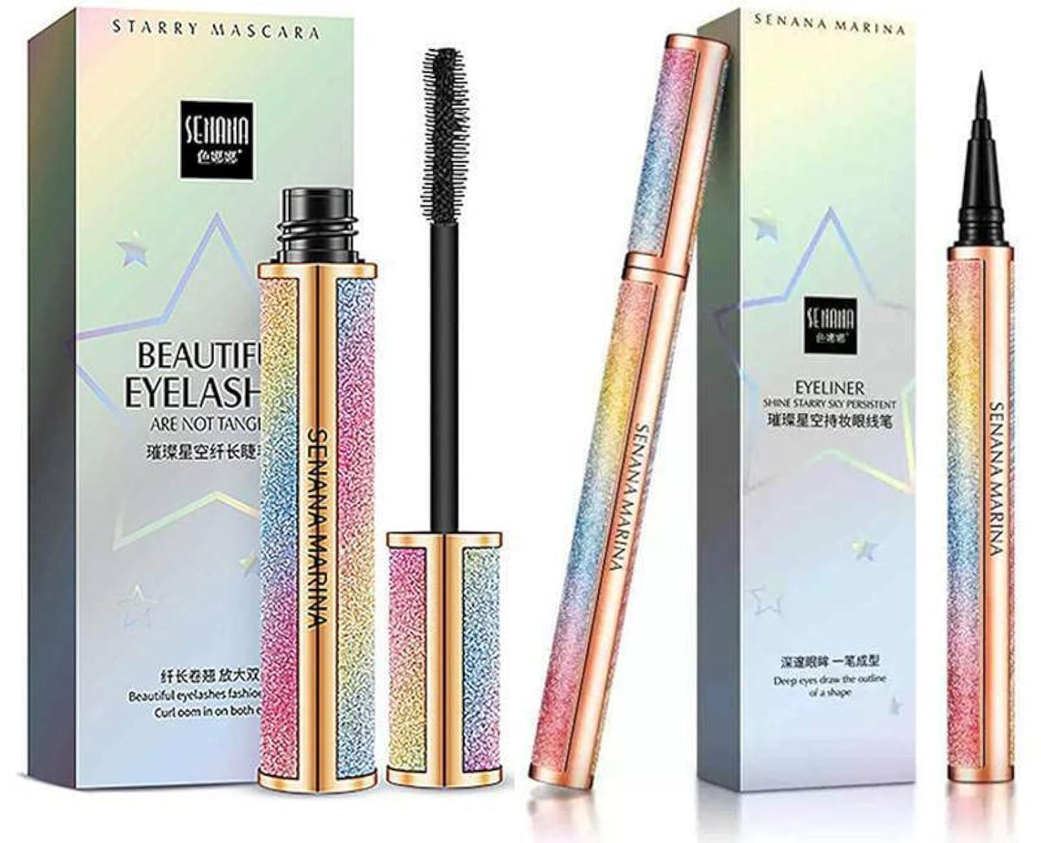 SENANA MARINA 4d Silk Fiber Lash Mascara, SENANA MARINA Eyeliner & Mascara Set - Black Liquid Eyeliner Pencil/Waterproof Mascara - Sky High Mascara Black Volume and Length Lengthening No Clumping