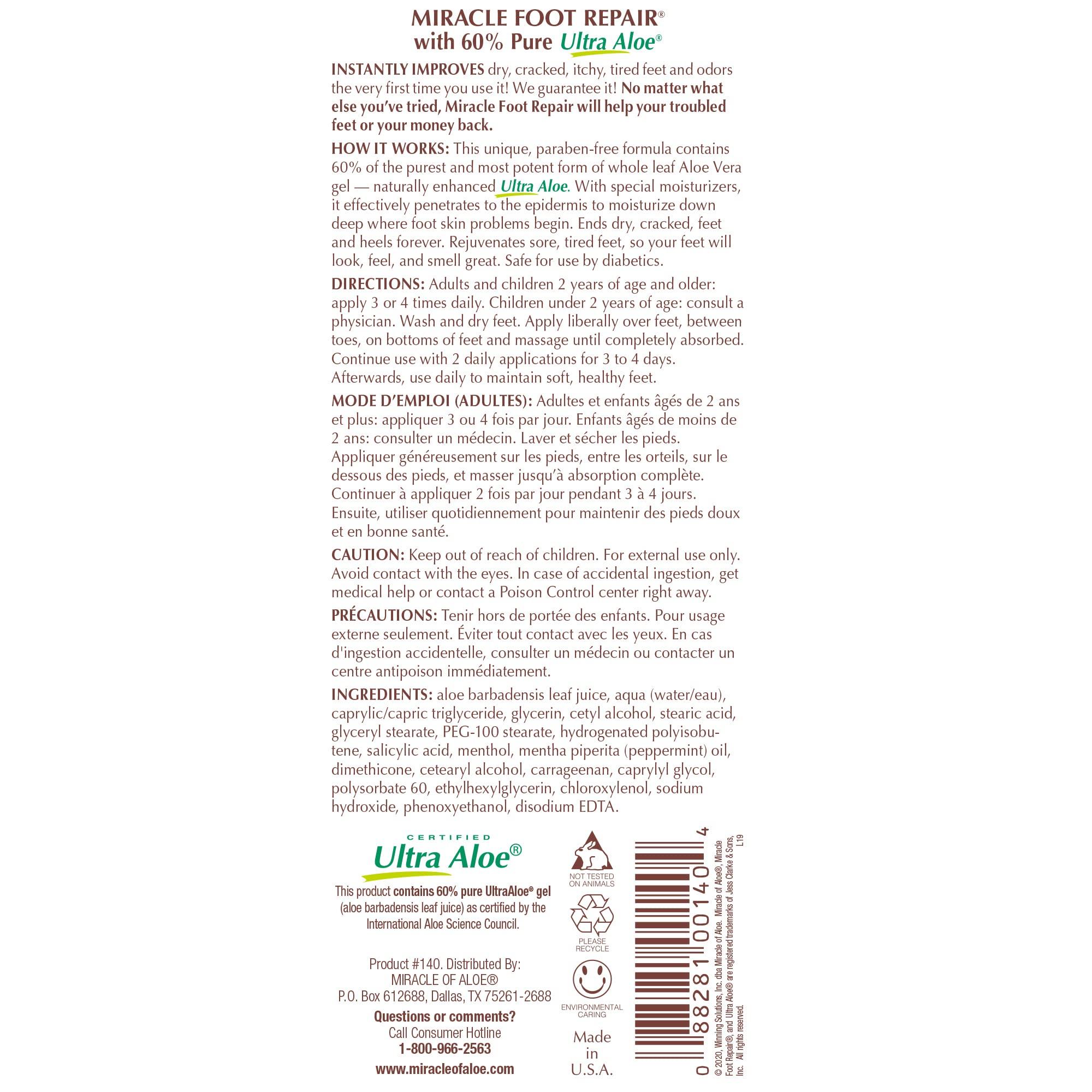 Miracle of Aloe Miracle Foot Repair Cream, 8 oz + 1 oz Miracle Hand Repair, Healing Aloe Vera Lotions for Dry, Cracked Hands and Feet, Diabetic-Safe, Moisturizes, Softens, and Repairs