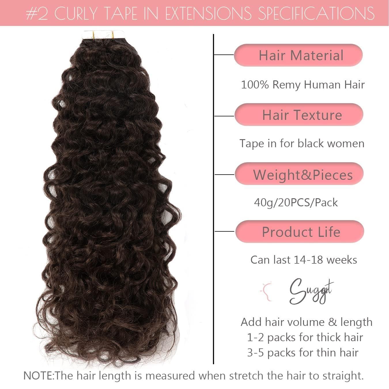 Loxxy 12inch Curly Hair Tape in Hair Extensions Dark Brown Natural Black Tape in Curly Human Hair Extensions for Women Double Sided Curly Tape Extensions #2 16pcs 40grams