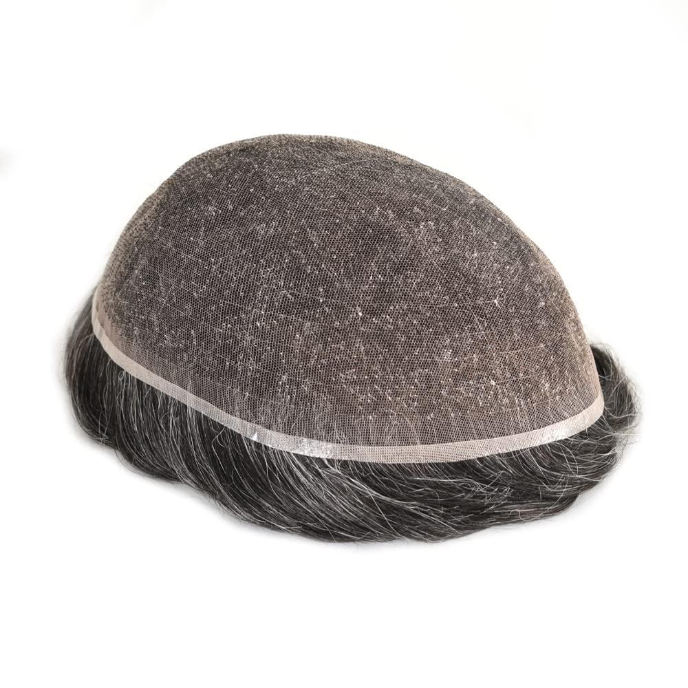 Generic Generic Swiss Lace Mens Toupee Hair Replacement System Full Lace European Hair Toupee For Men Natural Men Hair System (1B20# Off Black with 20% Synthetic Grey, 7x9\'\'-120% Med-light to Medium density