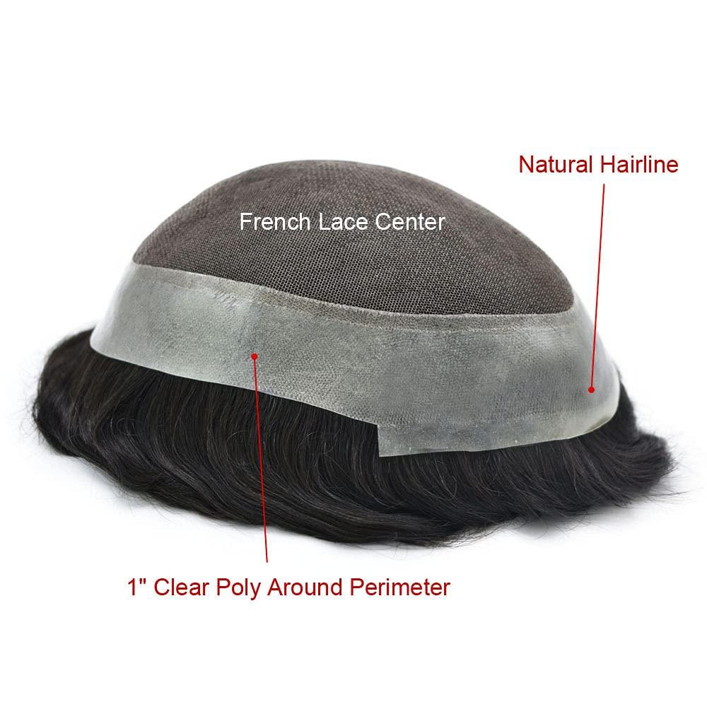 Generic Generic Mens Toupee Human Hair French Lace Center Poly Skin Around Hair System for Men Hair Replacement System Breathable Hairpiece Durable Toupee 8\"\"X10\"\"#1B Off Black-120% Density