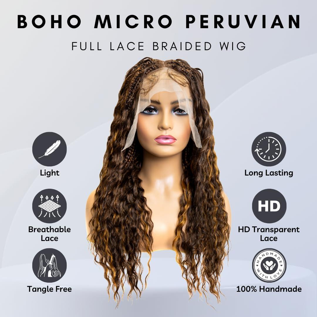 PiB PASSION IS BEAUTY PIB 24 Inch Single Full Lace Braid Wig - Micro Box Braided Wig with Peruvian Deep Wave - Knotless Braids for Black Women - Boho Style Curly Hair Wig (#T42730 Highlight Mix)