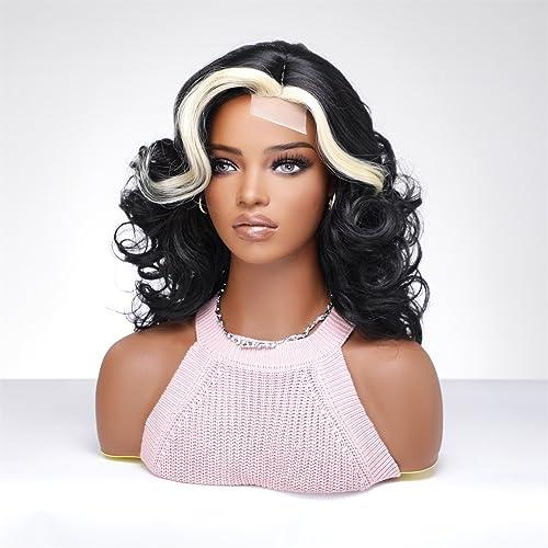 INSGOGO INSGOGO Short Wigs for Black Women Heat Resistant bob Curly Black Wig Pre Plucked Natural Like Synthetic Fiber Wigs for Daily and party Use and Cosplay(black$white)