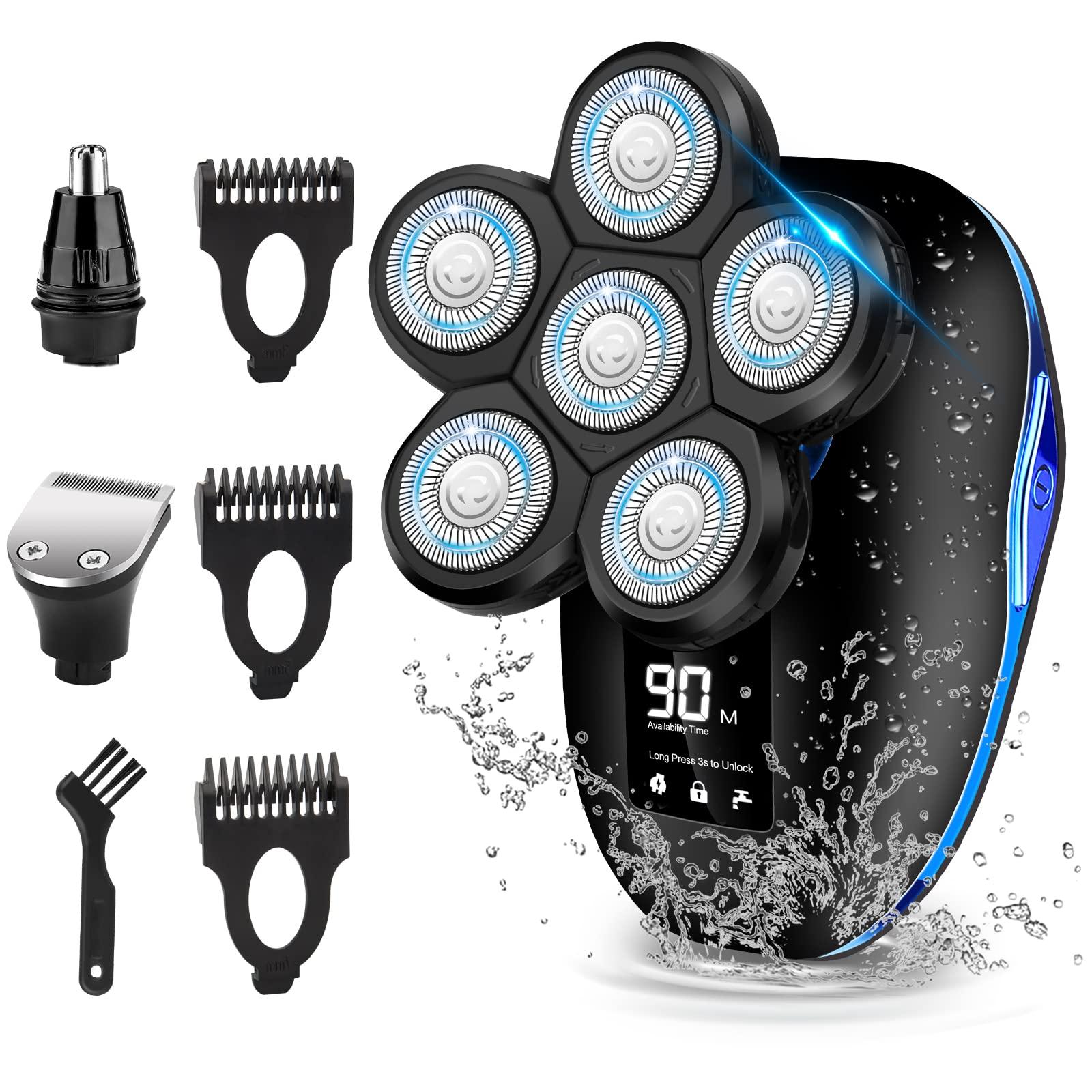 Sakioo Electric Head Shaver for Bald Men, 6 in 1 Mens Electric Head Razor Bald Head Shaver Cordless Electric Razor Men, IPX7 Wet/Dry Waterproof Skull Shaver with Head Shaver Kit LED Display