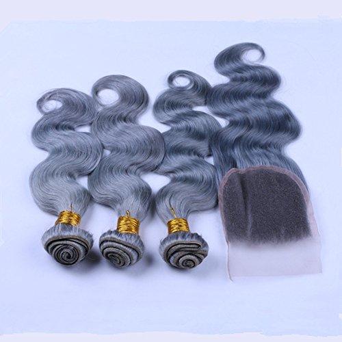 Ruma Hair Ruma Hair Pure Grey Hair Weave 3 Bundles With 4x4'' Lace Closure Silver Grey Body Wave Wavy Virgin Human Hair Extensions With Free Part Top Closures Piece (10 with 10 12 14)