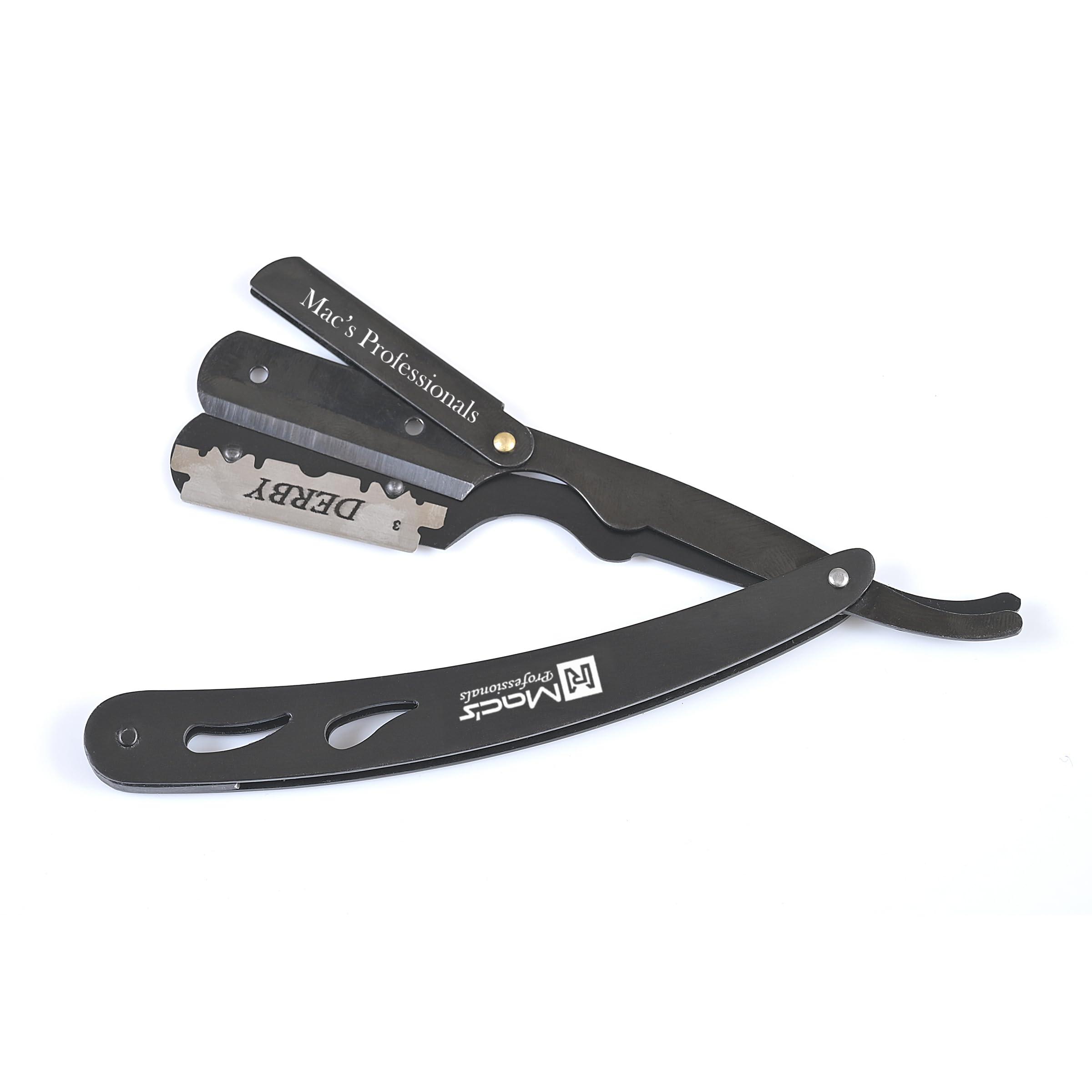 Macs Professional Macs Professional Barber Straight Edge Razor Safety with 100-Pack Derby Blades - 100 Percent Stainless Steel (Black Titanium)