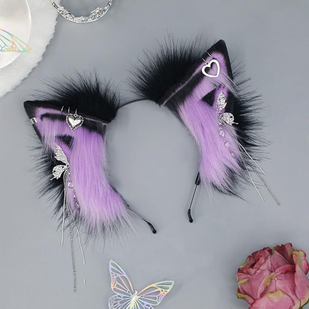 TTYAO REII TTYAO REII Purple Black Fox Cat Wolf Ears Headband Faux Fur Fluffy Animal Ears Head Hoop Exotic Headpiece for Anime Cosplay Party