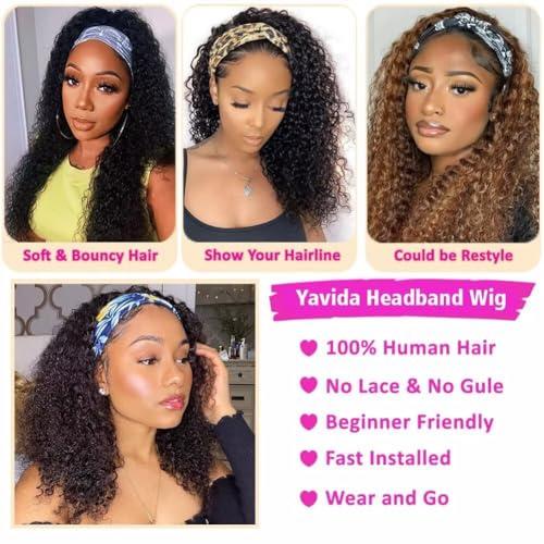 Yavida Yavida Headband Wig Human Hair Kinky Curly Wigs Human Hair None Lace Front Wig Curly Headband Wigs for Women Human Hair Band Wig Natural Black 3/4 Half Wig 30 Inch