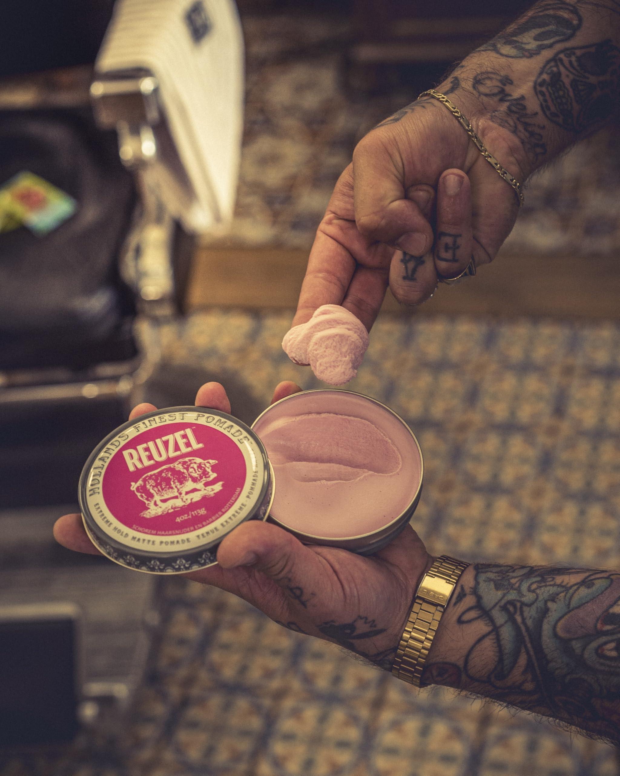 Reuzel REUZEL Pink Extreme Hold Matte Pomade, Strongest All Day Hold, Water Soluble Styling, No Shine & Flake Free, Easy To Wash Out, For All Hairstyles, 4 oz