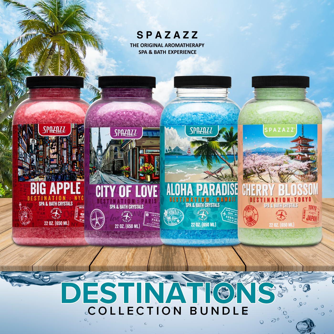 SPAZAZZ Hot Tub & Spa Aromatherapy Bath Salt Crystal Scents Spazazz Destinations Collection Bundle Aloha Paradise, Big Apple, City of Love, Cherry Blossom - Skin Moisturizer - Will Not Damage Spas & Hot Tubs