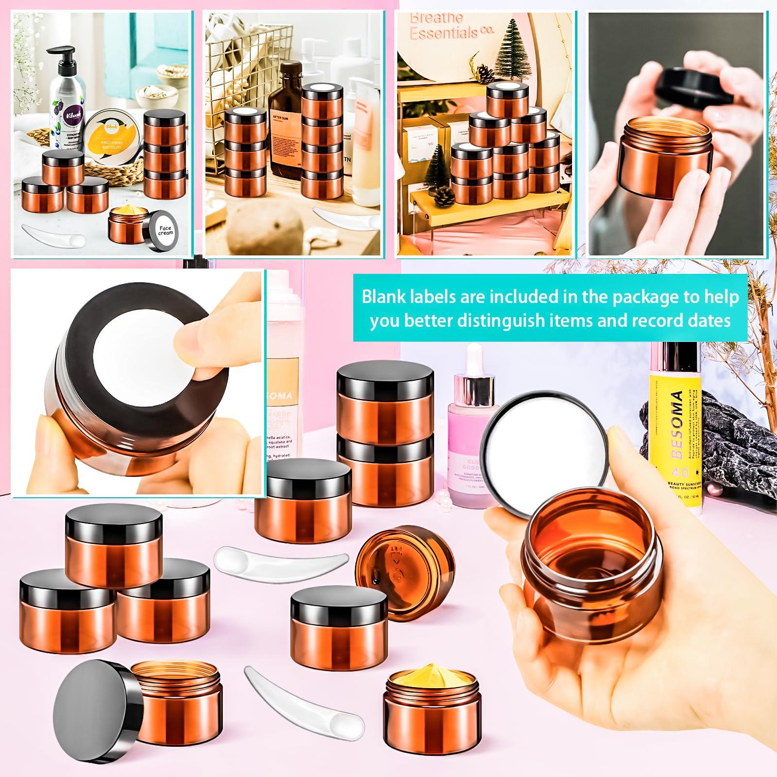 MotBach MotBach 20 Pack 1oz Amber Plastic Jars, 30ml Empty Small Round Cosmetic Jars Refillable Makeup Containers Leakproof Travel Cosmetic Containers with Black Lids for Sample Cream Lotion Powder Ointment