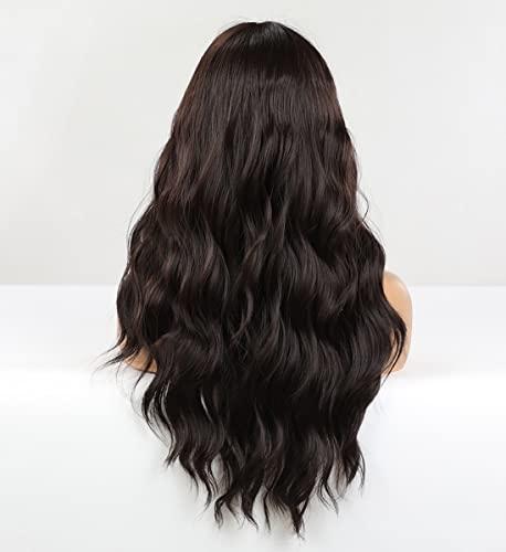LANOVA LANOVA Dark Brown Wig with Side Bangs Synthetic Wigs for Women Chocolate Brown Long Curly Wig with Bangs 22 inch LANOVA-209