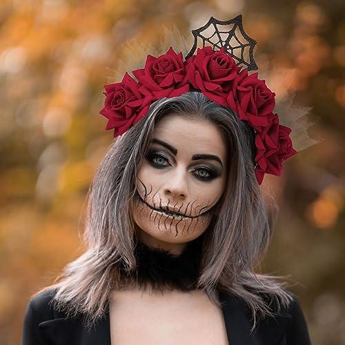 Catery Catery Gothic Floral Headband Halloween Headbands Gothic Floral Headdress Veil Headband Vampire Rose Headpiece Cosplay Masquerade Hair Accessories for Women and Girls